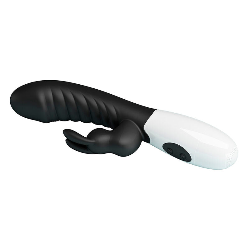 Vibrateur lapin Naughty Bunny noir, gros plan sur les deux boutons de commande de la base blanche