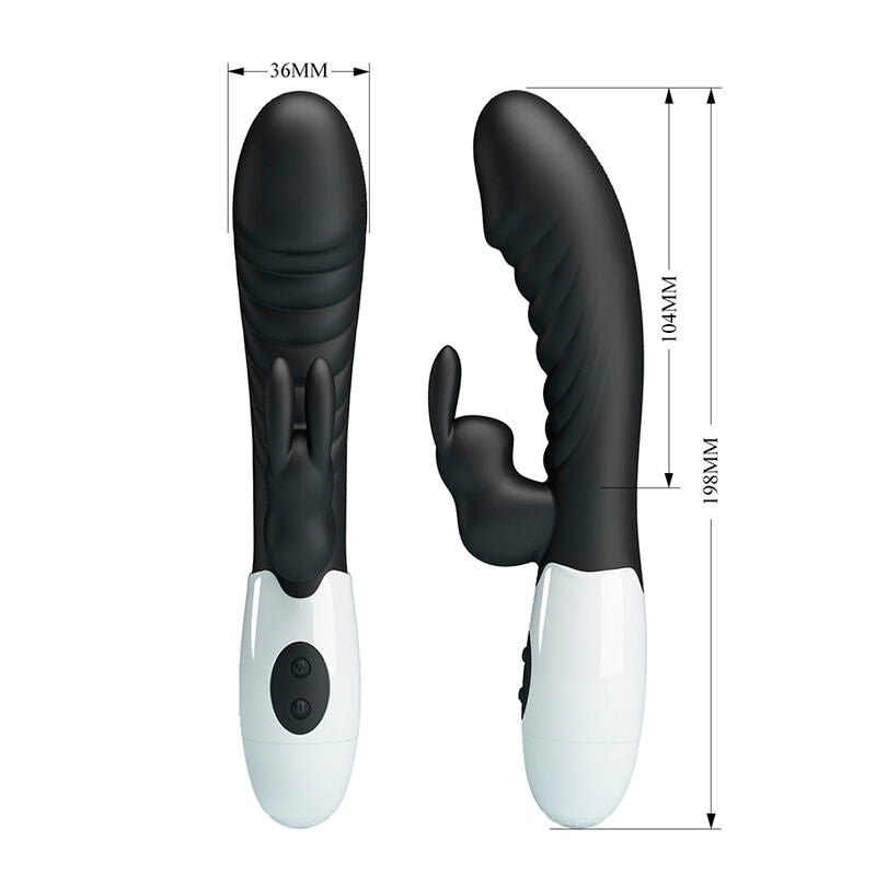 Schéma dimensionnel du Naughty Bunny noir : 198 mm de hauteur totale, 104 mm jusqu'à la base de l'oreille et 36 mm de diamètre à l'embout