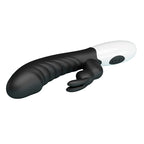 Vibrateur lapin Naughty Bunny noir, gros plan en diagonale sur l'oreille de lapin et la tige nervurée