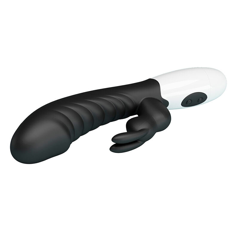 Vibrateur lapin Naughty Bunny noir, gros plan en diagonale sur l'oreille de lapin et la tige nervurée