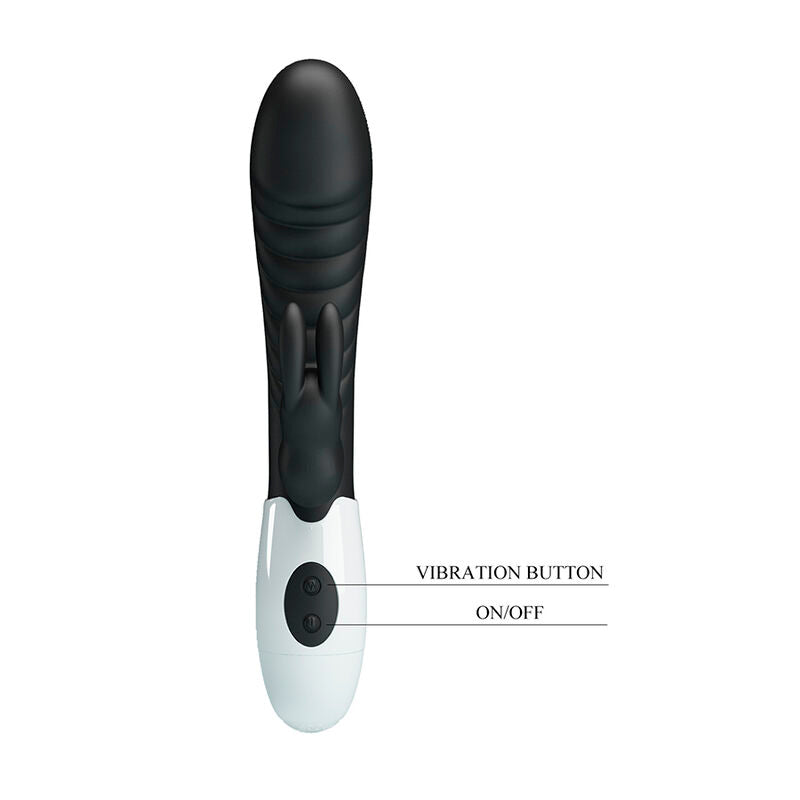 Schéma annoté du Naughty Bunny noir : bouton de vibration et bouton marche/arrêt sur la base