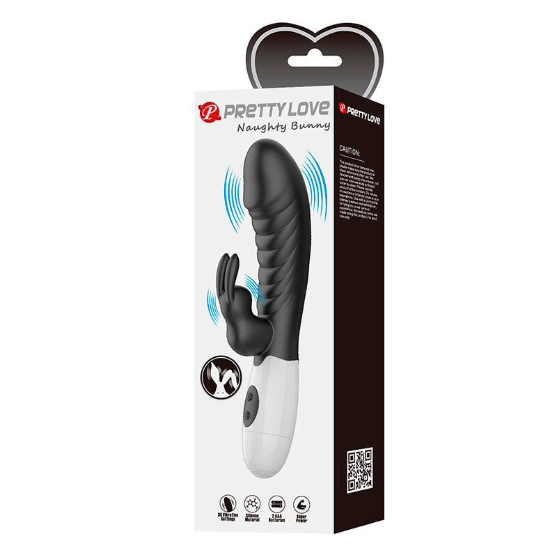 Emballage du Naughty Bunny noir Pretty Love, accroche cœur, pictogrammes de fonctions et QR code