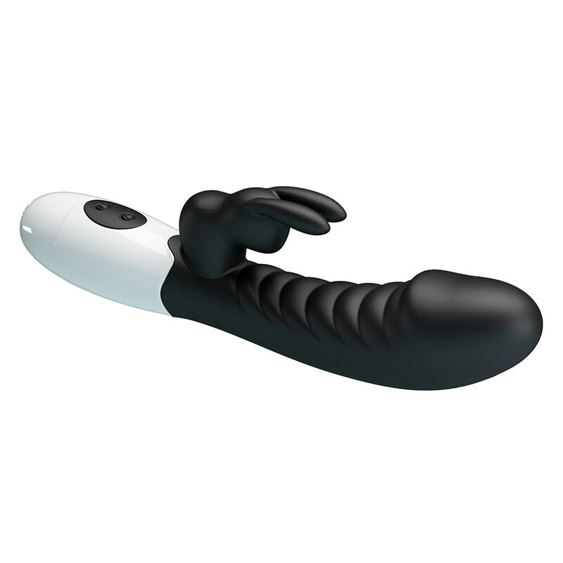 Vibrateur lapin Naughty Bunny noir vu en diagonale sous un autre angle, tige nervurée en premier plan