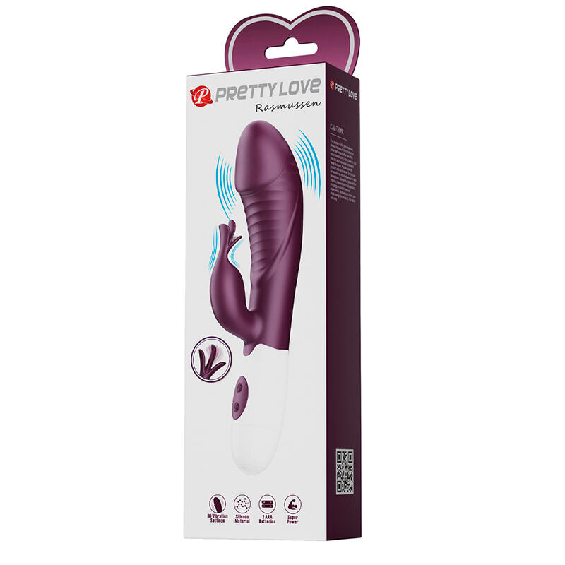 Emballage du vibrateur lapin Rogue Muse violet, boîte Pretty Love Rasmussen avec fenêtre en forme de cœur