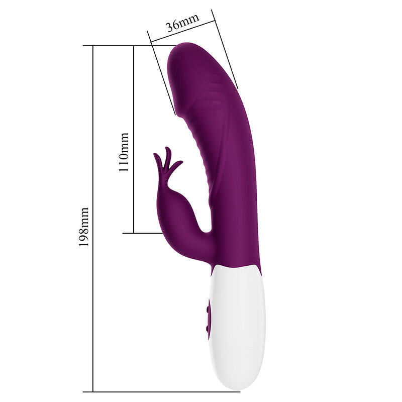 Schéma des dimensions du vibrateur lapin Rogue Muse : 198 mm de longueur totale, 110 mm jusqu'au stimulateur, 36 mm de diamètre