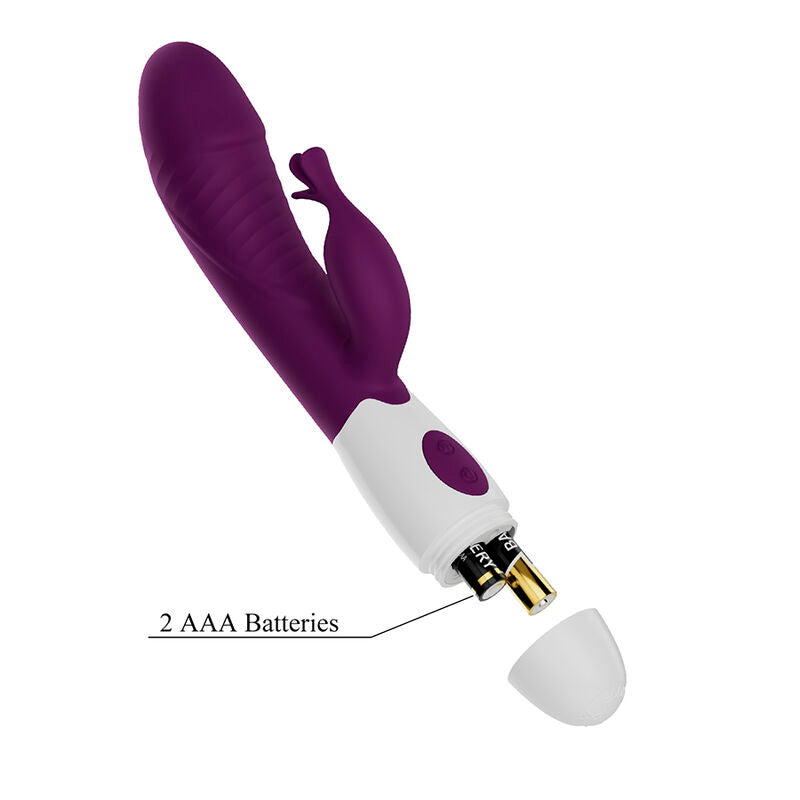 Vibrateur lapin Rogue Muse violet, compartiment à piles ouvert avec 2 piles AAA