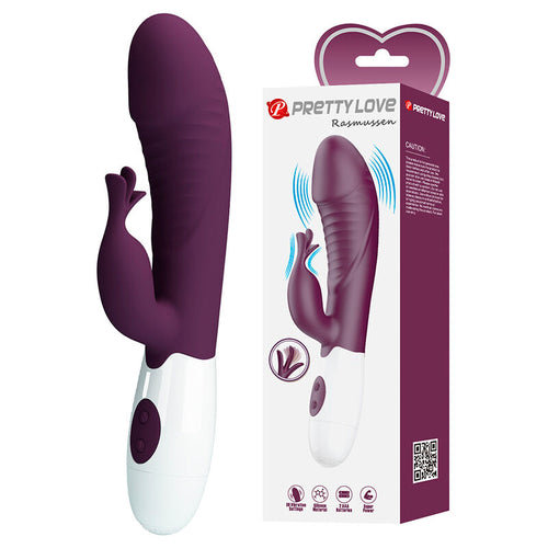 Vibrateur lapin Rogue Muse violet posé à côté de son emballage Pretty Love Rasmussen