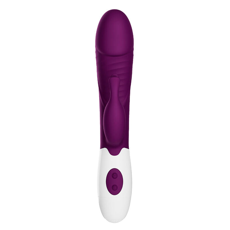 Vibrateur lapin Rogue Muse violet vu de dessus sur le stimulateur externe et l'embout incurvé