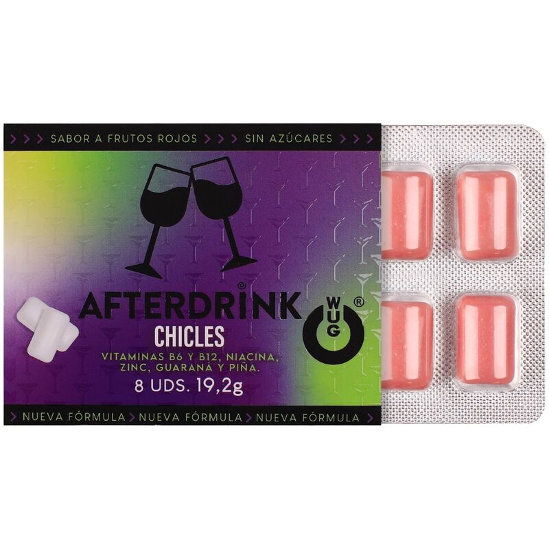 Emballage ouvert du chewing-gum WUG AfterDrink laissant apparaître la plaquette de 8 gommes roses