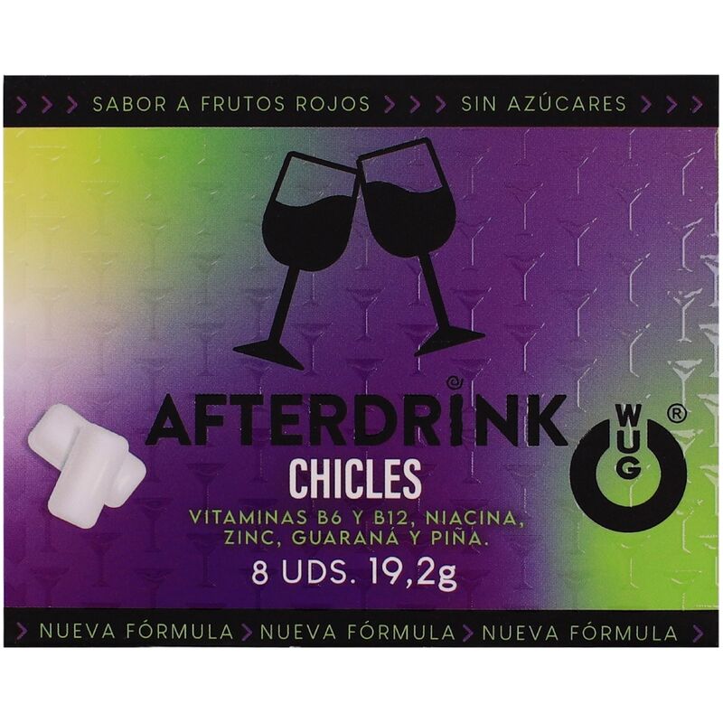 Emballage du chewing-gum WUG AfterDrink saveur fruits rouges, recto avec illustration de deux verres qui trinquent