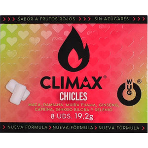 Emballage du chewing-gum WUG Climax saveur fruits rouges, recto avec motif de cœurs et flamme