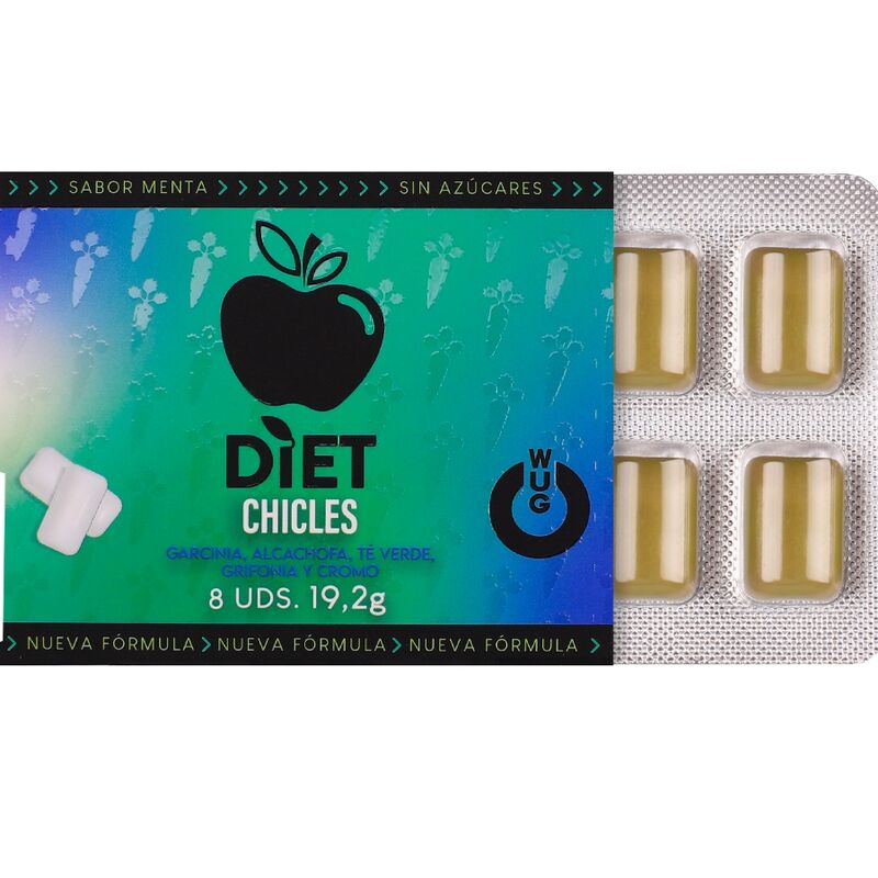 Emballage ouvert du chewing-gum WUG Diet laissant apparaître la plaquette de 8 gommes vert olive