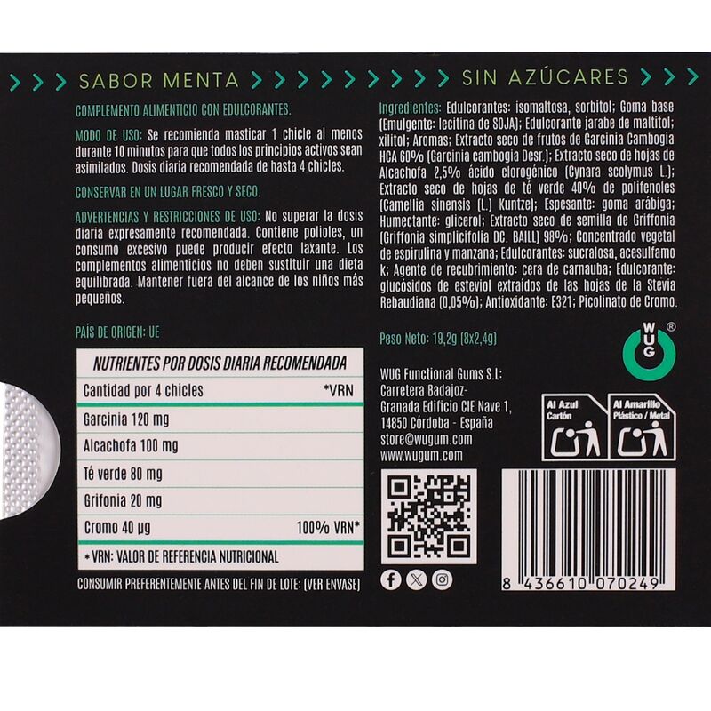 Verso de l'emballage WUG Diet avec tableau nutritionnel et liste des ingrédients en espagnol