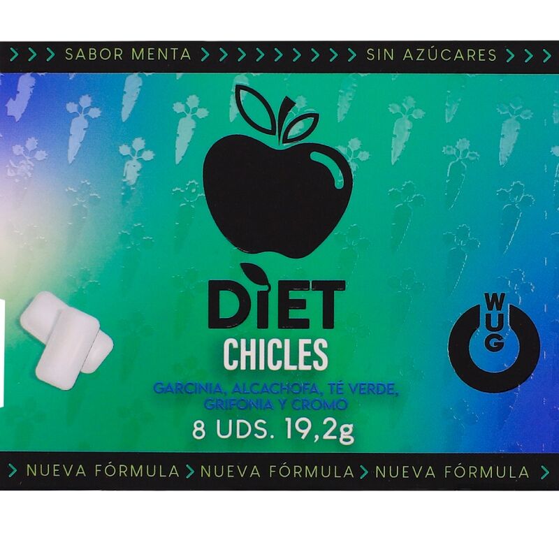 Emballage du chewing-gum WUG Diet saveur menthe, recto avec illustration de pomme noire sur fond dégradé vert-bleu