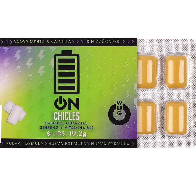 Emballage ouvert du chewing-gum WUG On laissant apparaître la plaquette de 8 gommes jaune ambré