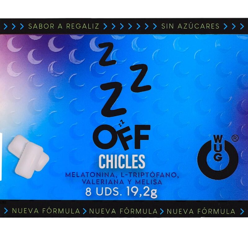 Emballage du chewing-gum WUG Off saveur réglisse, recto avec illustration de lunes et lettres Z endormies