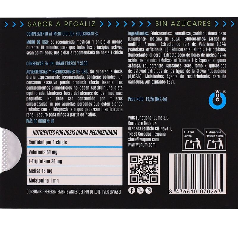 Verso de l'emballage WUG Off avec tableau nutritionnel et liste des ingrédients en espagnol
