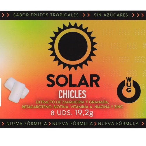 Emballage du chewing-gum WUG Solar saveur fruits tropicaux, recto avec illustration de soleil sur fond dégradé jaune-orange