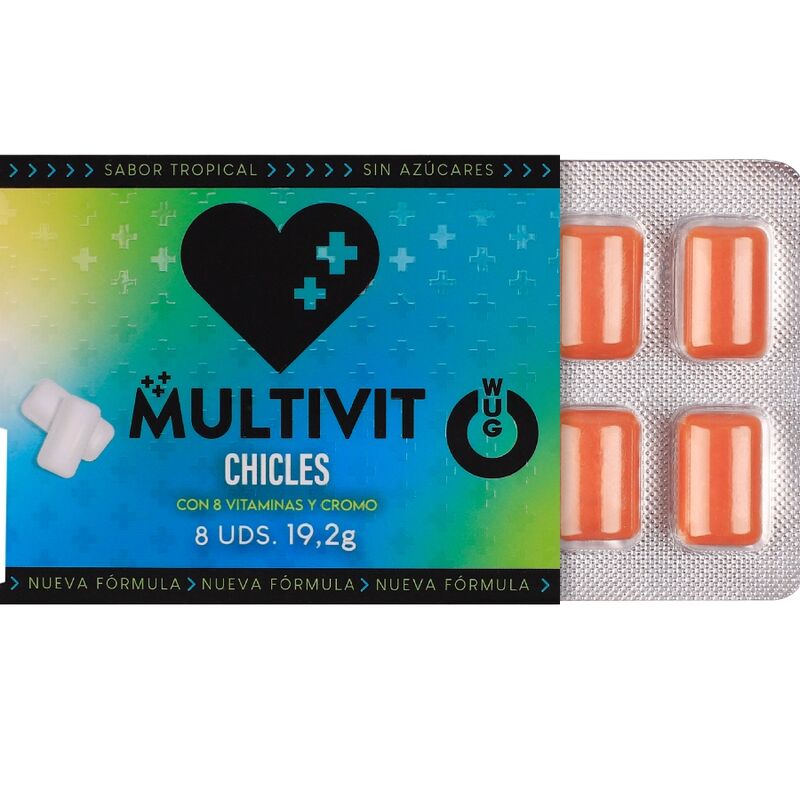 Emballage ouvert du chewing-gum WUG Multivit laissant apparaître la plaquette de 8 gommes orange