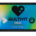 Emballage du chewing-gum WUG Multivit saveur tropicale, recto avec cœur noir orné de croix sur fond dégradé bleu-vert