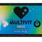 Emballage du chewing-gum WUG Multivit saveur tropicale, recto avec cœur noir orné de croix sur fond dégradé bleu-vert