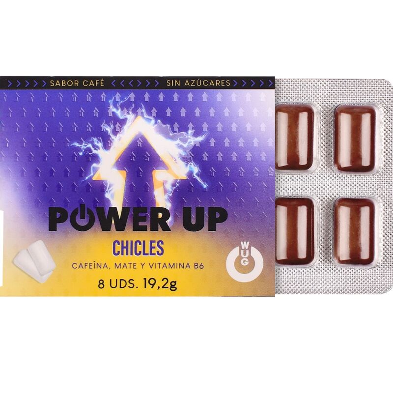 Emballage ouvert du chewing-gum WUG Power Up laissant apparaître la plaquette de 8 gommes brunes
