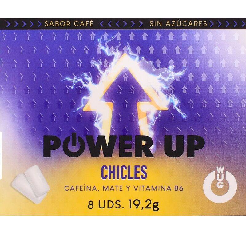 Emballage du chewing-gum WUG Power Up saveur café, recto avec flèche électrique sur fond violet et jaune