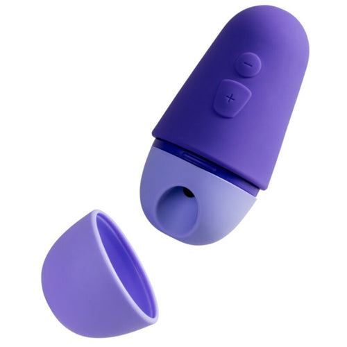 Stimulateur clitoridien rechargeable ROMP en silicone violet avec son couvercle de protection hygienique detache, tete a succion a 10 niveaux compacte.