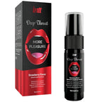Emballage noir du spray oral Intt Deep Throat saveur fraise posé à côté du flacon vaporisateur, illustration de bouche rouge