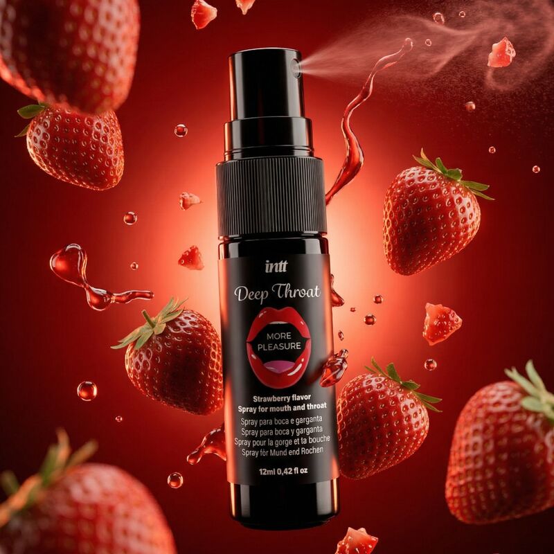 Flacon du spray Intt Deep Throat entouré de fraises fraîches et d'éclaboussures rouges, vaporisation illustrée
