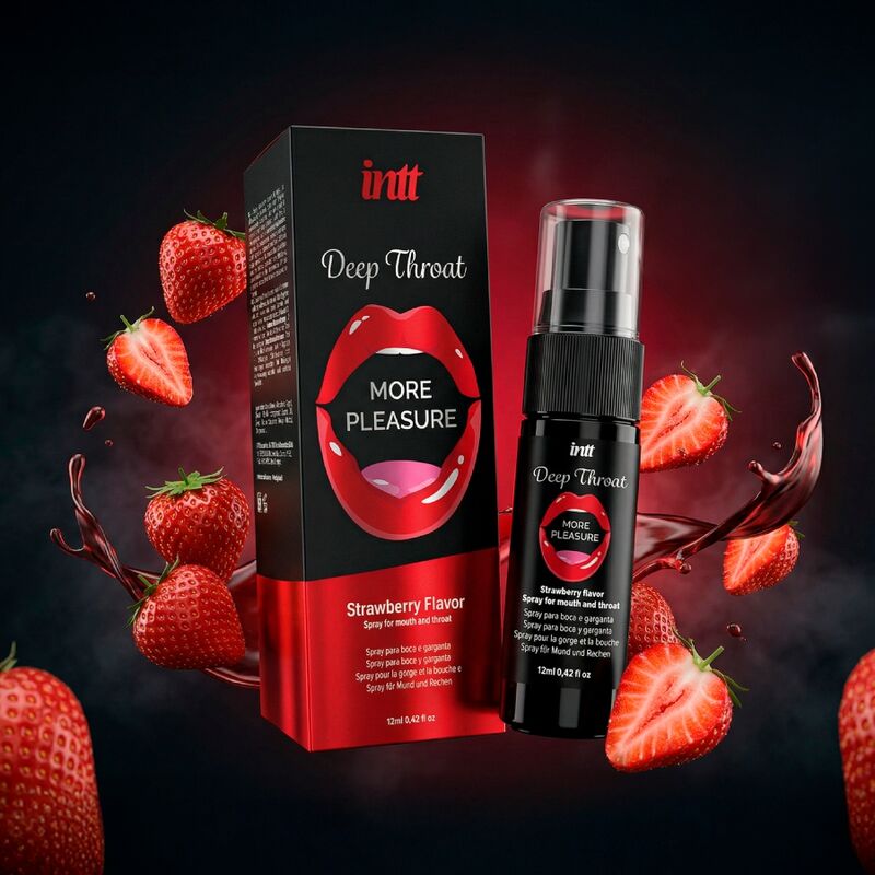 Flacon et emballage du spray Intt Deep Throat posés ensemble entourés de fraises sur fond sombre