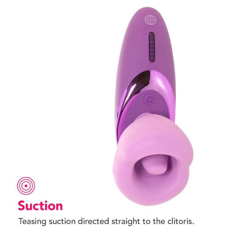 Stimulateur clitoridien Fantasy For Her violet, vue de face sur l'embout et le bouton de commande, mention succion