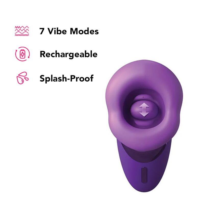 Gros plan sur l'embout du stimulateur Fantasy For Her montrant la languette interne mobile, mentions 7 modes de vibration, rechargeable, résistant aux éclaboussures