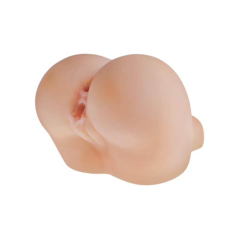 Masturbateur réaliste en forme de fesses couleur chair, vue de trois-quarts montrant l'entrée vaginale simulée