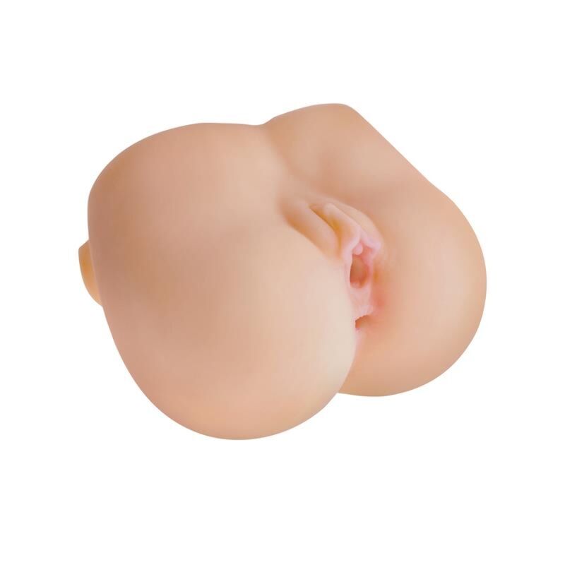 Masturbateur réaliste couleur chair, vue de trois-quarts sur l'entrée vaginale simulée
