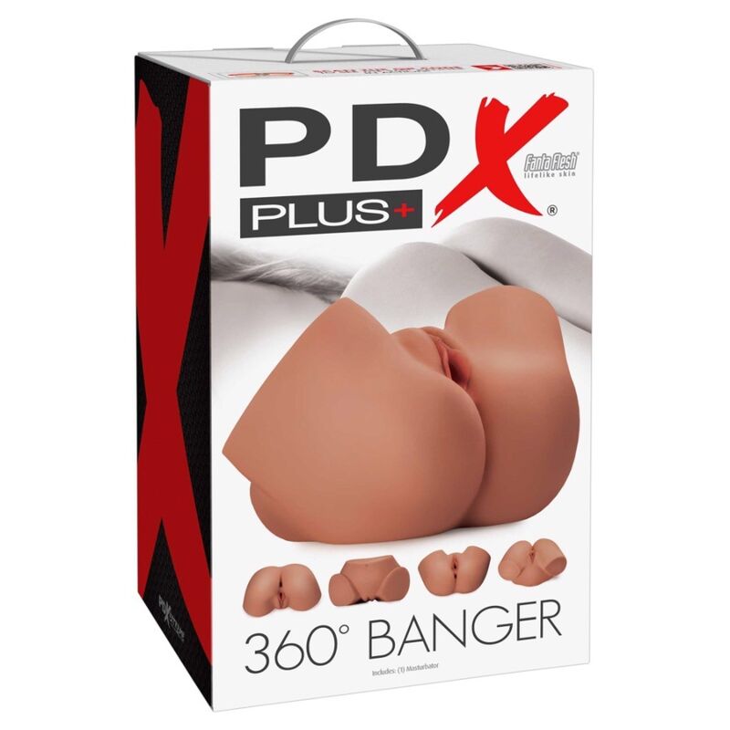 Boîte du masturbateur réaliste PDX Plus 360° Banger, vue de face avec poignée