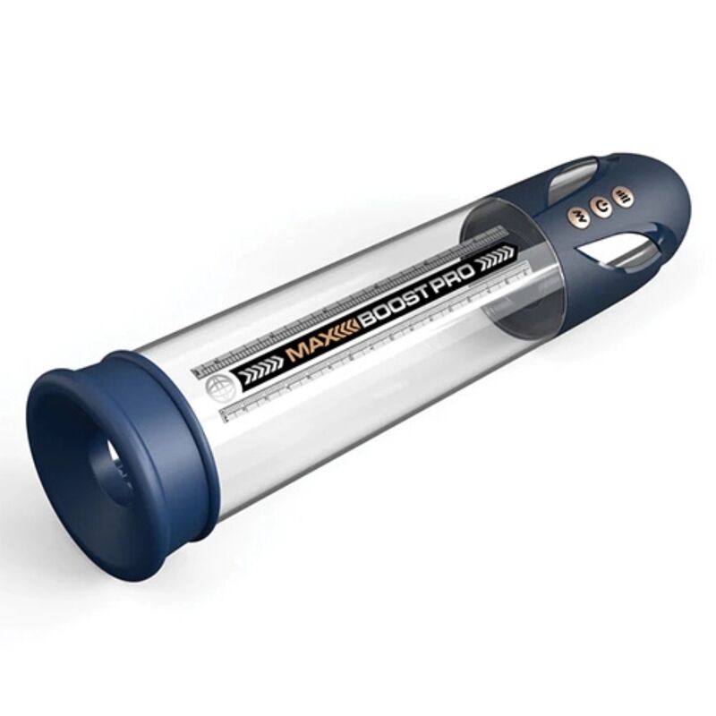 Pompe à pénis Pump Worx Max Boost Pro Flow bleue allongée, embout et poignée à commandes
