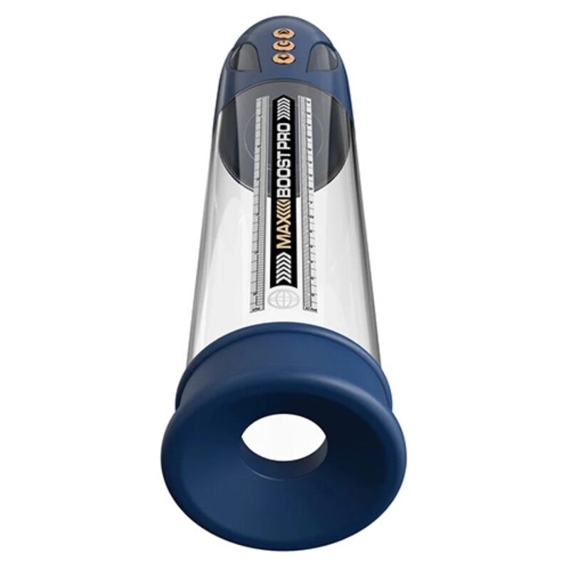 Pompe à pénis Pump Worx Max Boost Pro Flow bleue vue de face, commandes et cylindre gradué