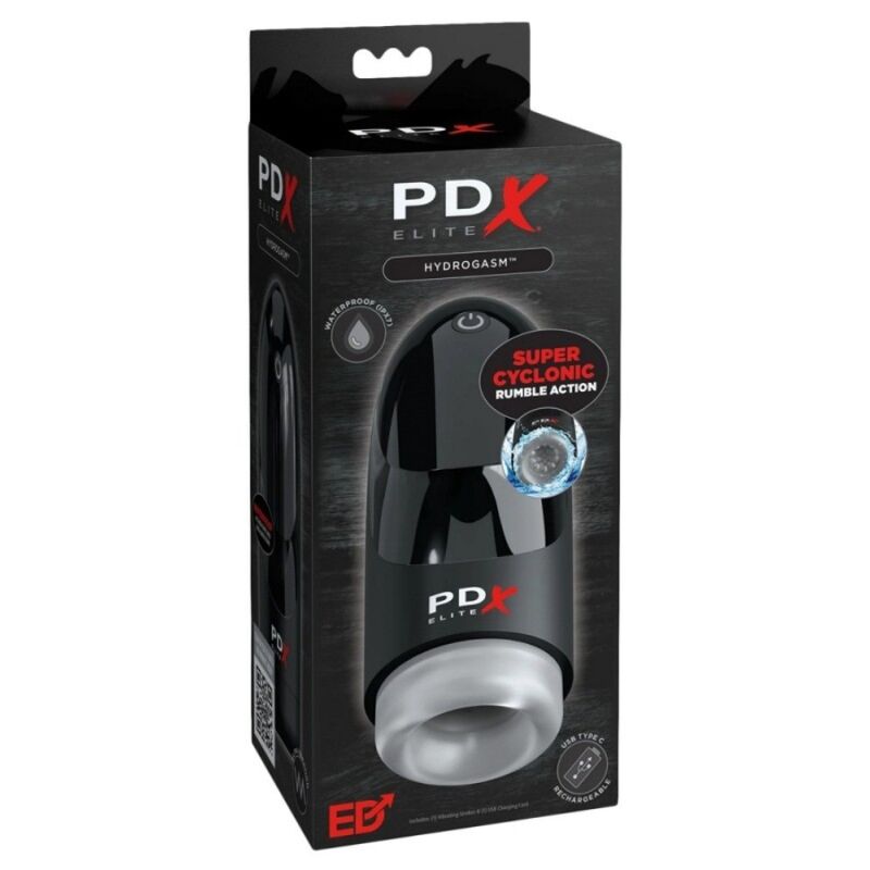 Boîte du masturbateur PDX Elite Hydrogasm, vibration cyclonique et recharge USB-C