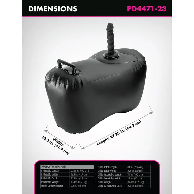 Planche dimensions PD4471-23 du coussin gonflable Body Dock Fetish Fantasy avec plug texture, mesures de largeur et longueur de l assise gonflable a poignee.