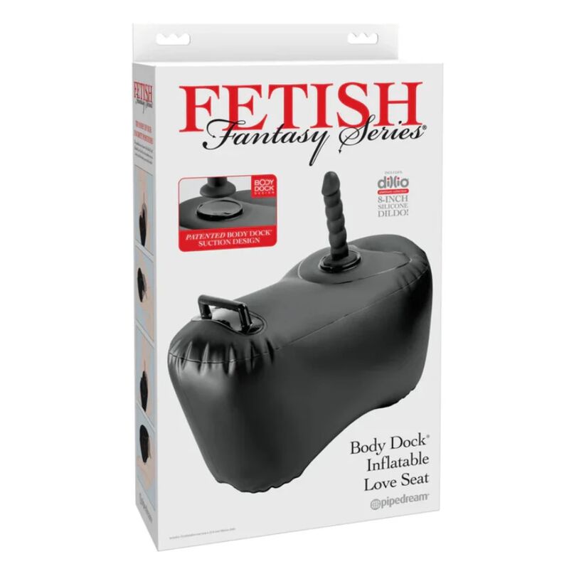Boite Fetish Fantasy Series Body Dock Inflatable Love Seat, visuel du coussin gonflable noir surmonte d un plug texture, accessoire de position a poignee.