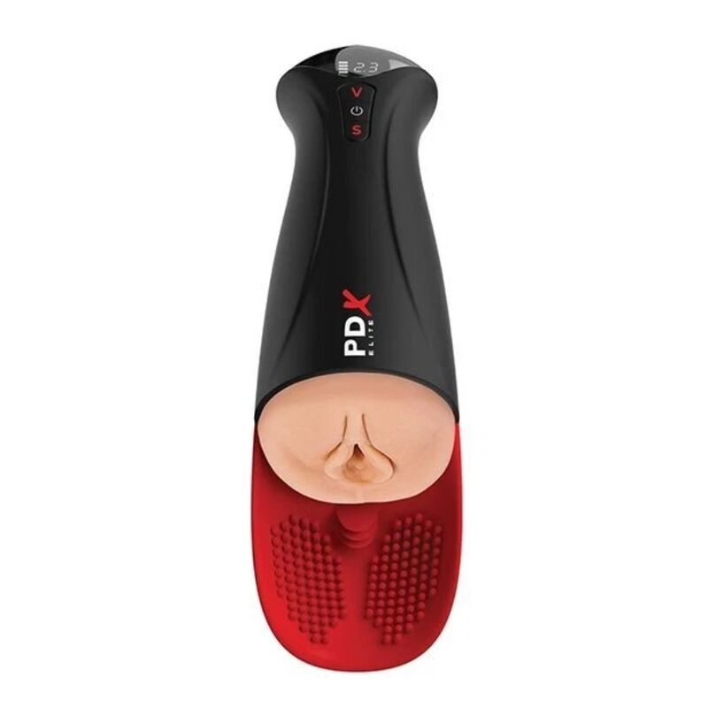 Masturbateur automatique PDX Elite Fuck-O-Matic Pro XL vu de face, entrée réaliste et coussinet à picots rouge
