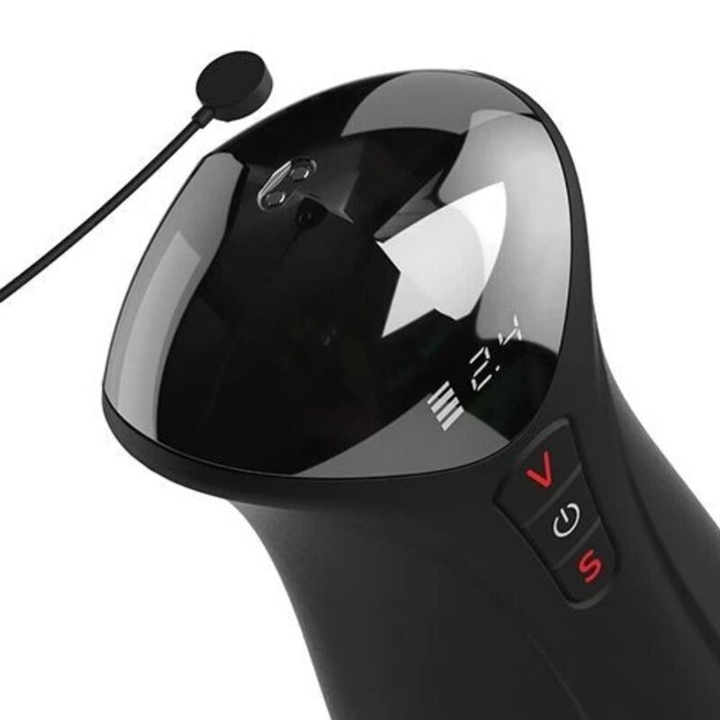 Gros plan sur l'écran et les commandes du masturbateur PDX Elite Fuck-O-Matic Pro XL, câble de recharge USB magnétique