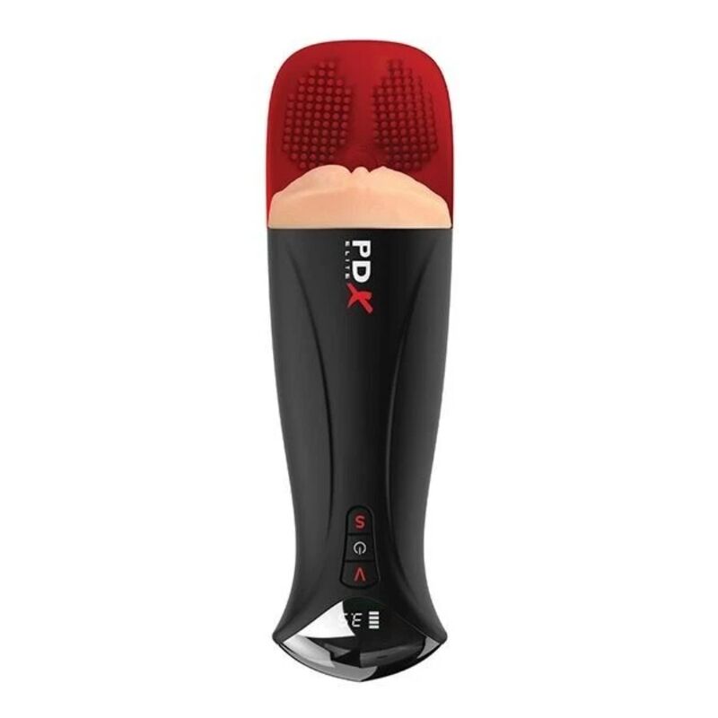 Masturbateur automatique PDX Elite Fuck-O-Matic Pro XL vu de dessus, coussinet à picots et boutons de commande