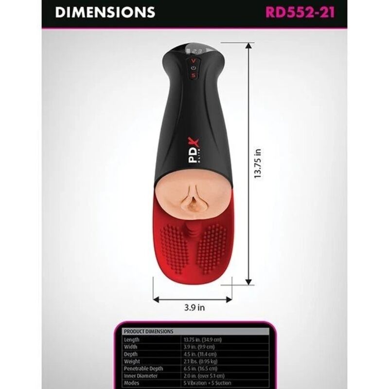 Infographie des dimensions du masturbateur automatique PDX Elite (référence RD552-21) : longueur 34,9 cm, largeur 9,9 cm