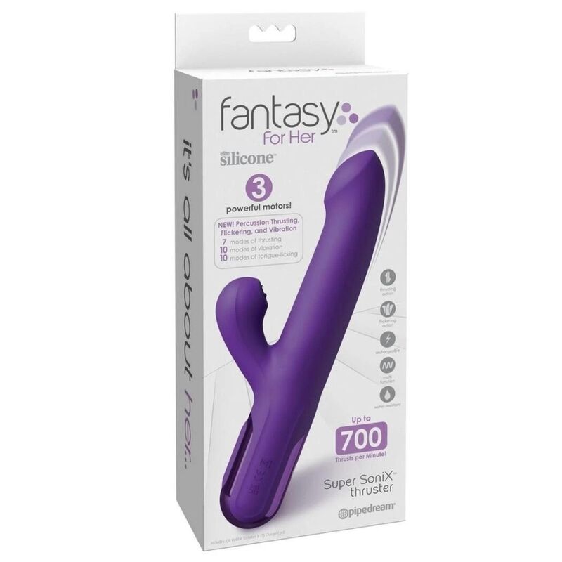 Boîte du vibrateur lapin Fantasy for Her Super Sonix Thruster violet, 3 moteurs et mouvement de poussée
