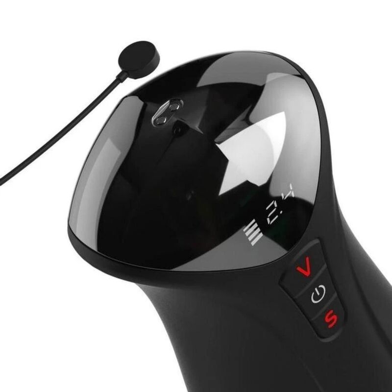 Gros plan sur l'écran et les commandes du masturbateur automatique PDX Elite, câble de recharge USB magnétique