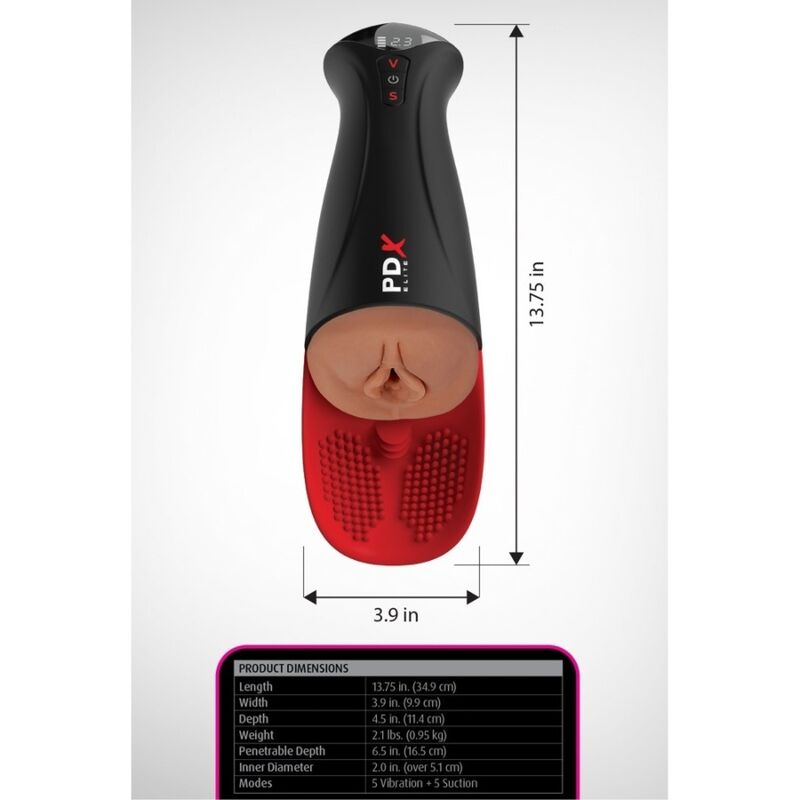Infographie des dimensions du masturbateur automatique PDX Elite (référence RD552-21) : longueur 34,9 cm, largeur 9,9 cm