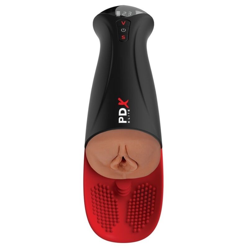 Masturbateur automatique PDX Elite vu de face, coussinet à picots rouge et entrée réaliste