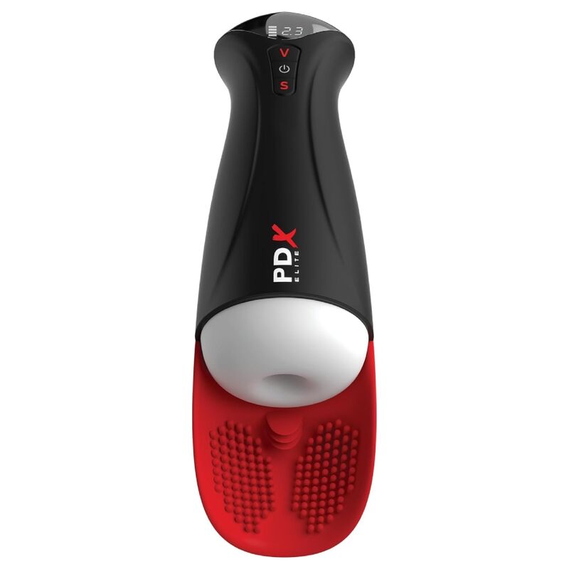 Masturbateur automatique PDX Elite Fap-O-Matic Pro XL vu de face, entrée blanche et coussinet à picots rouge